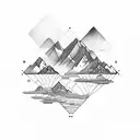 An engineer's blueprint-inspired design featuring a mountain, ocean, and musical instruments tattoo design idea