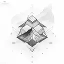 An engineer's blueprint-inspired design featuring a mountain, ocean, and musical instruments tattoo design idea