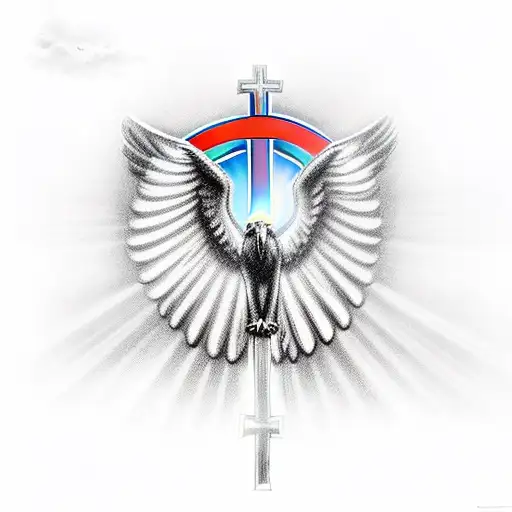 A majestic eagle perched on top of a cross, with a halo above it, symbolizing the divine connection between Jesus Cristo and the client's faith. tattoo design idea