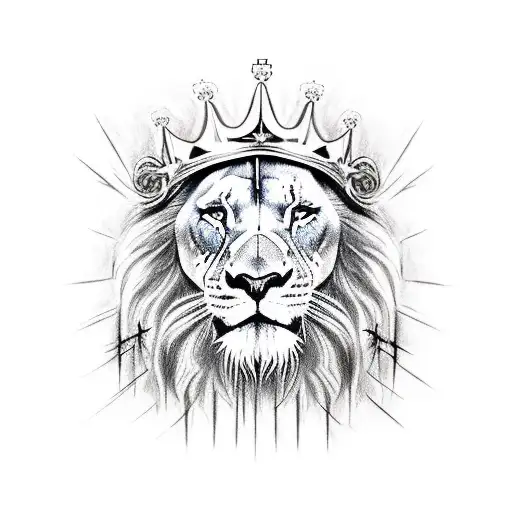 A realistic portrait of Jesus Cristo wearing a crown of thorns, with a lion and an eagle on either side, representing his strength and majesty. tattoo design idea