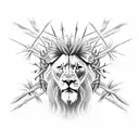 A realistic portrait of Jesus Cristo wearing a crown of thorns, with a lion and an eagle on either side, representing his strength and majesty. tattoo design idea