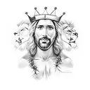 A realistic portrait of Jesus Cristo wearing a crown of thorns, with a lion and an eagle on either side, representing his strength and majesty. tattoo design idea