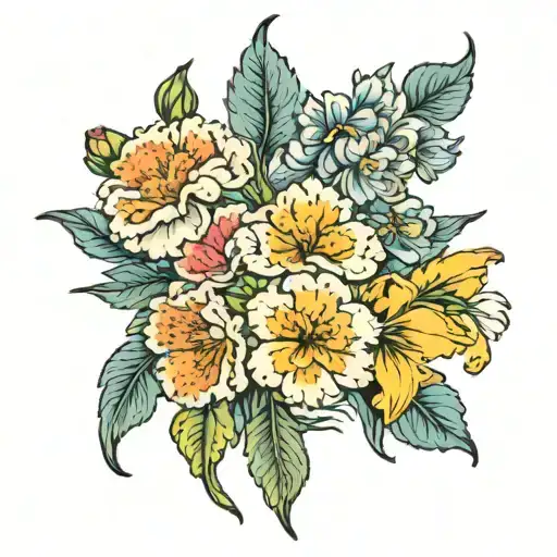 carnations, larkspur, marigolds, narcissus flower tattoo design idea