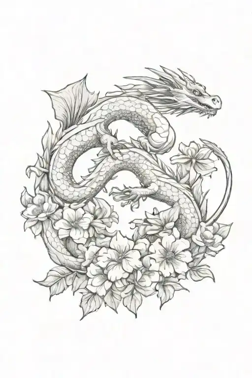 two dragons with flowers growing tattoo design idea