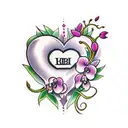 heart with orchids and use initials EJ tattoo design idea