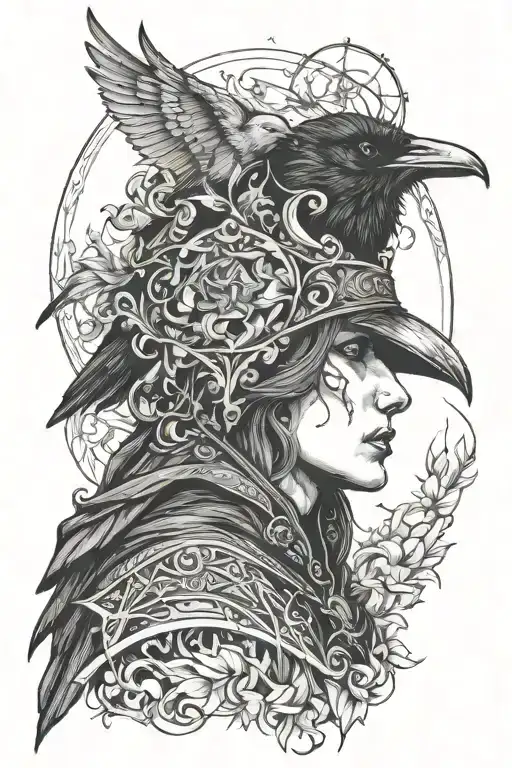  the morrigan goddess dark hood with crow perched tattoo design idea