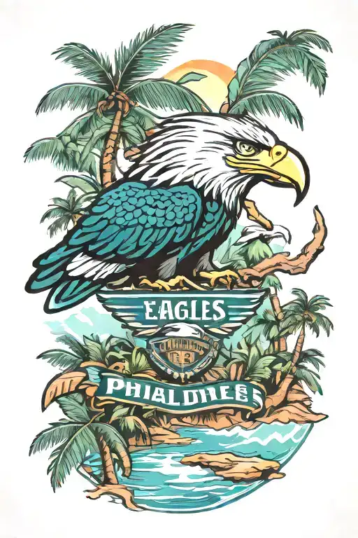 A Philadelphia Eagles logo morphing into a tropical island landscape tattoo design idea