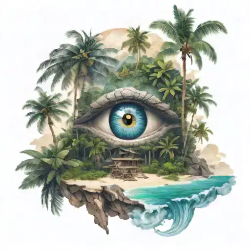 A tropical island landscape with a third eye in the sky, symbolizing inner strength and intuition tattoo design idea