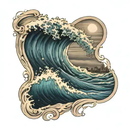A majestic ocean wave crashing against the shore, with a subtle silhouette of the Philadelphia skyline in the background, capturing the client's love for the beach and their hometown tattoo design idea