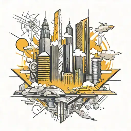A futuristic cityscape with towering skyscrapers and advanced technology, symbolizing the client's vision for a new world order and their ambition to lead the way in sales and power tattoo design idea