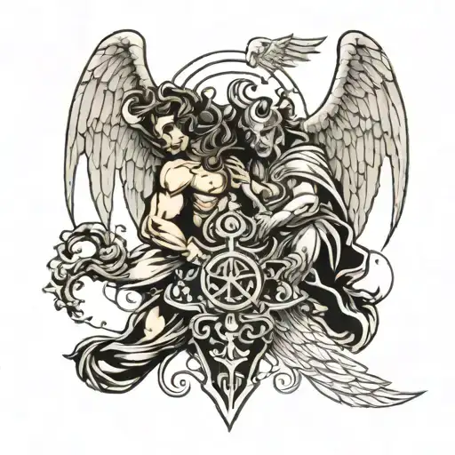A split design featuring a guardian angel on one side and a demon on the other, symbolizing the balance between good and evil tattoo design idea
