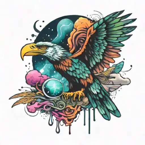 A psychedelic tattoo design incorporating elements of the universe and trippy things, with a subtle nod to the Philadelphia Eagles logo tattoo design idea