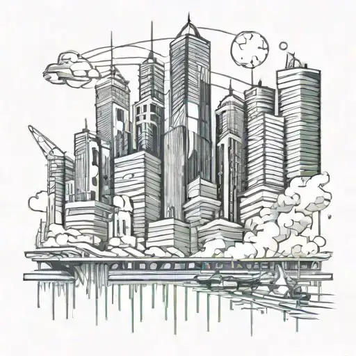 A futuristic cityscape with towering skyscrapers and advanced technology, symbolizing the client's vision for a new world order and their ambition to lead the way in sales and power tattoo design idea