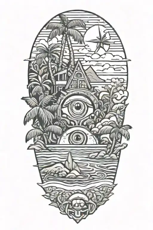 A tropical beach landscape with a hidden third eye symbol integrated into the scenery tattoo design idea