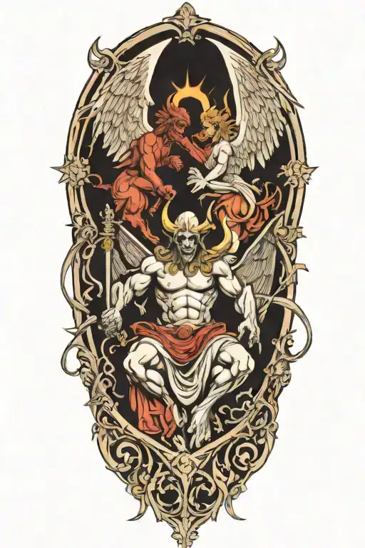 A split design featuring a guardian angel on one side and a demon on the other, symbolizing the balance between good and evil tattoo design idea