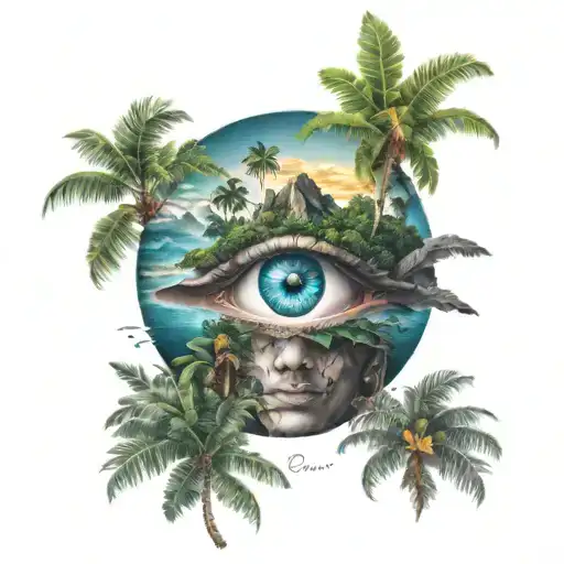 A tropical island landscape with a third eye in the sky, symbolizing inner strength and intuition tattoo design idea