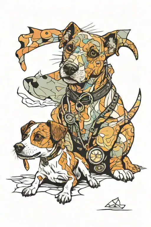 Trippy scenery of a brindle jack russel puppy and his owner looking into space  tattoo design idea
