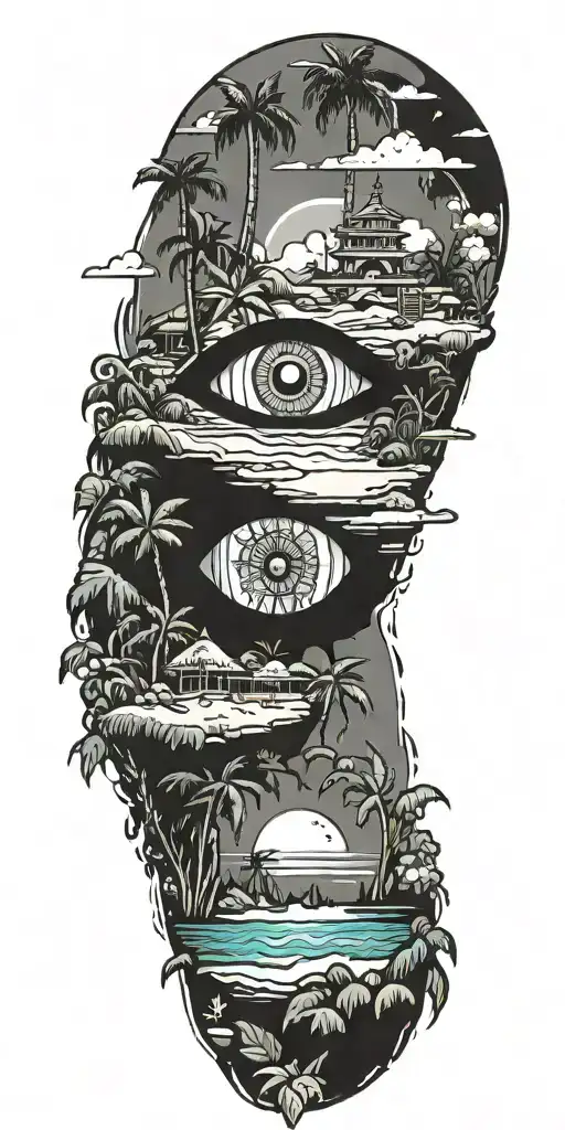 A tropical beach landscape with a hidden third eye symbol integrated into the scenery tattoo design idea