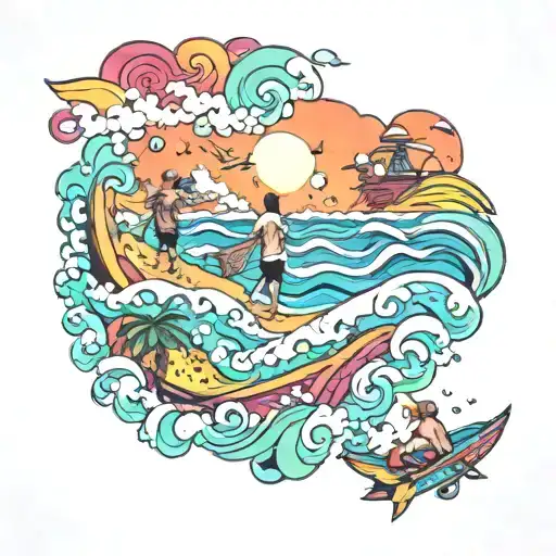 A psychedelic beach scene with friends flying in waves made of trippy patterns tattoo design idea