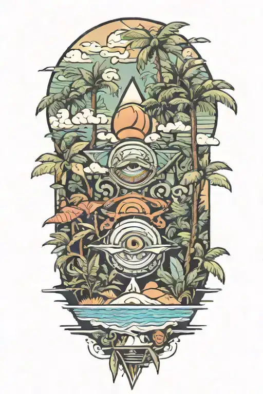 A tropical beach landscape with a hidden third eye symbol integrated into the scenery tattoo design idea