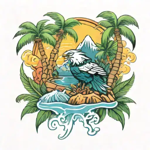 A trippy scenery tattoo featuring a tropical island with a hidden Philadelphia Eagles logo tattoo design idea
