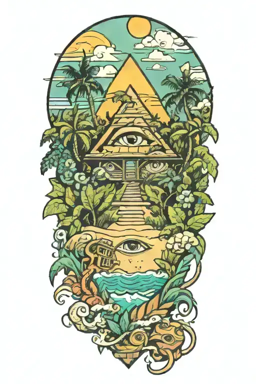 A tropical beach landscape with a hidden third eye symbol integrated into the scenery tattoo design idea