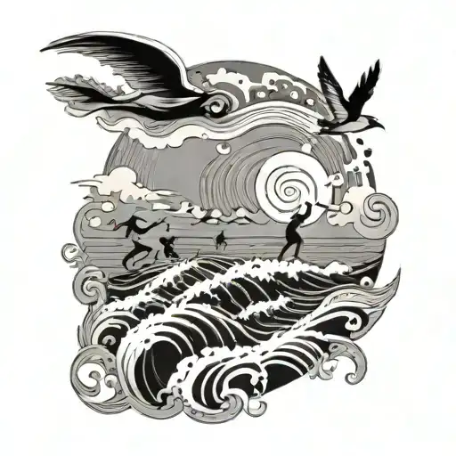 A psychedelic beach scene with friends flying in waves made of trippy patterns tattoo design idea