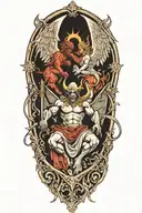 A split design featuring a guardian angel on one side and a demon on the other, symbolizing the balance between good and evil tattoo design idea
