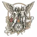 A split design featuring a guardian angel on one side and a demon on the other, symbolizing the balance between good and evil tattoo design idea