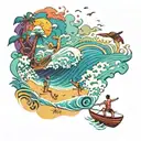 A psychedelic beach scene with friends flying in waves made of trippy patterns tattoo design idea