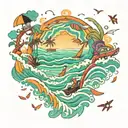 A psychedelic beach scene with friends flying in waves made of trippy patterns tattoo design idea