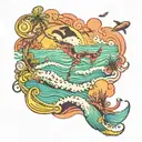 A psychedelic beach scene with friends flying in waves made of trippy patterns tattoo design idea