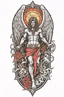A split design featuring a guardian angel on one side and a demon on the other, symbolizing the balance between good and evil tattoo design idea