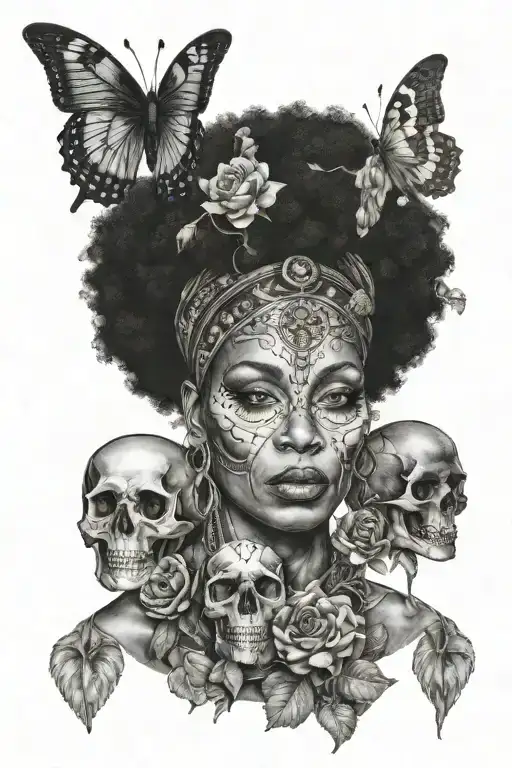 black female afro high priestess with tarot card featuring skulls crystals and lunar moth tattoo design idea