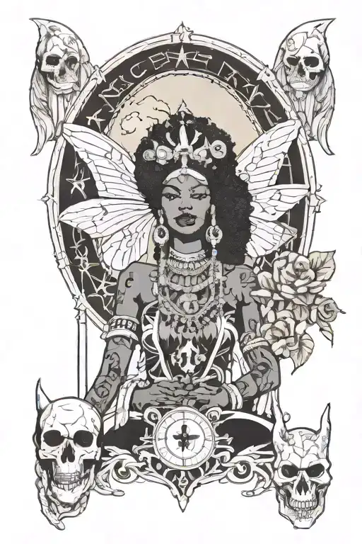 black female afro high priestess  with skulls crystals and lunar moth tarot card tattoo design idea