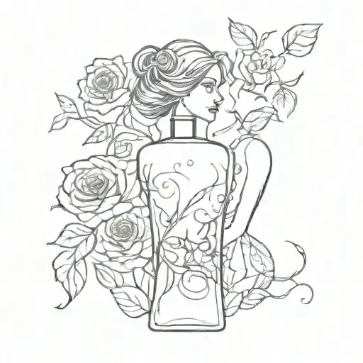 An abstract design featuring elegant women's silhouettes intertwined with delicate rose vines and subtle perfume bottle motifs tattoo design idea