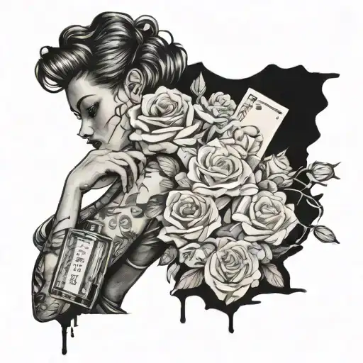 A sensual silhouette of a woman holding a bouquet of roses and a perfume bottle, with money falling around her tattoo design idea