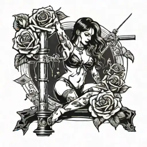 A bold and edgy tattoo of a stripper performing on a pole, with roses and money scattered around her in a chaotic yet artistic manner tattoo design idea