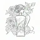 An abstract design featuring elegant women's silhouettes intertwined with delicate rose vines and subtle perfume bottle motifs tattoo design idea