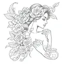 An abstract design featuring elegant women's silhouettes intertwined with delicate rose vines and subtle perfume bottle motifs tattoo design idea