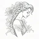 An abstract design featuring elegant women's silhouettes intertwined with delicate rose vines and subtle perfume bottle motifs tattoo design idea