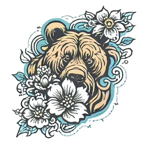 bear paw print and flowers tattoo design idea