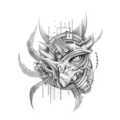 Create a sleeve tattoo inspired by hard industrial techno, using a mix of blackwork and dotwork styles tattoo design idea