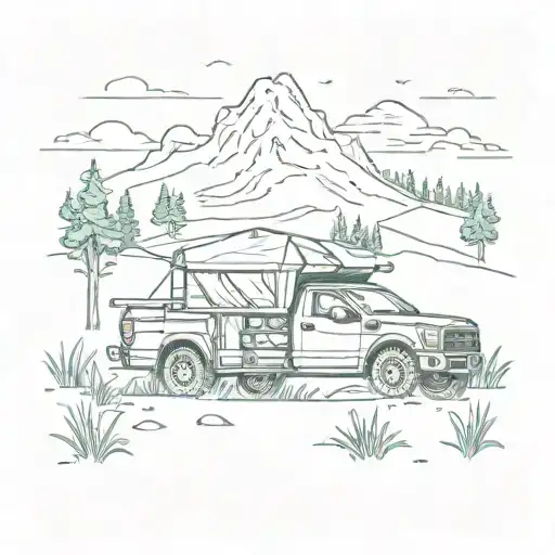 a forest green F150 truck with a truck tent in the bed and a mountain campsite background tattoo design idea