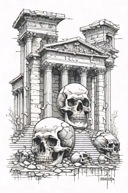 abandonded roman temple with skulls representing dark periods tattoo design idea