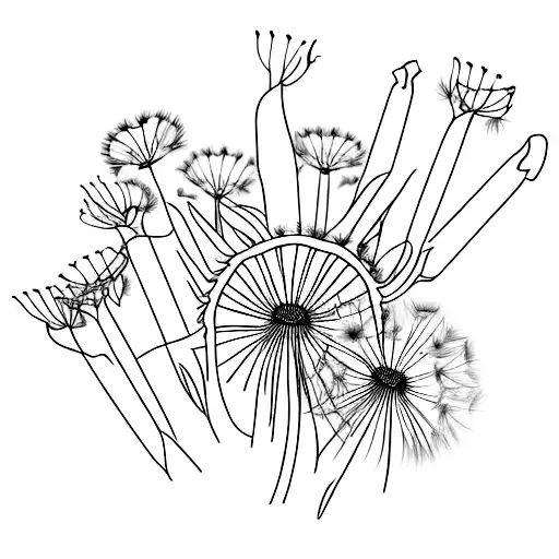 dandelion, gladiolus, and morning glory flowers- one of each in a bouquet  tattoo design idea