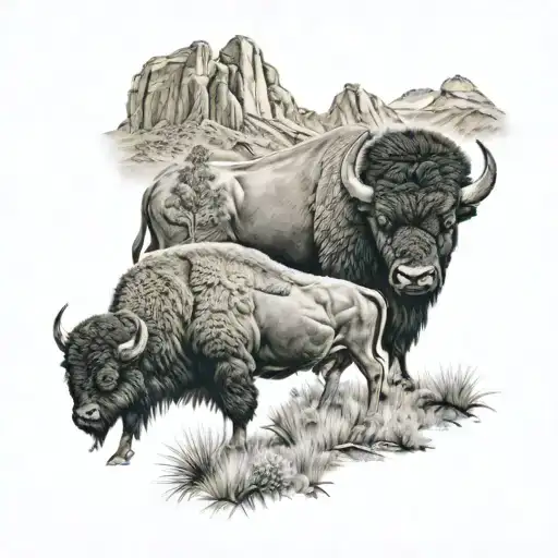 buffalo mountains river pasture tattoo design idea