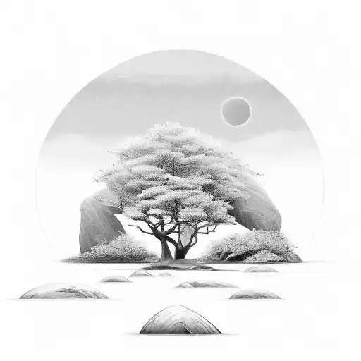 A serene scene of a solitary figure meditating in a peaceful natural setting, reflecting the client's passion for being in solitude and their connection with nature. tattoo design idea