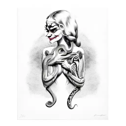 woman holding snake in fingers with the snake having joker paint on it tattoo design idea