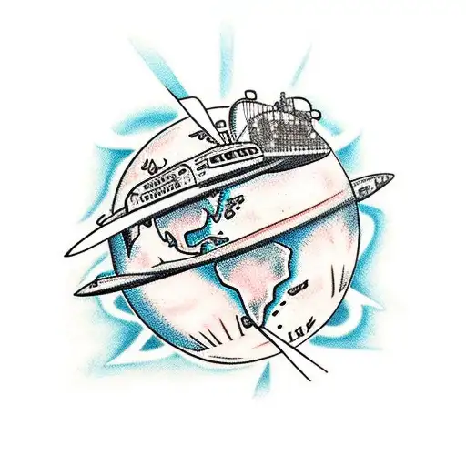 planet earth with planes and trains tattoo design idea